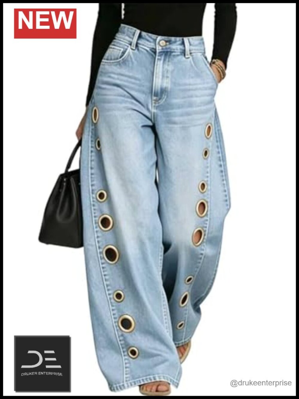 Baggy Wide Leg Jeans Women Eyelet Cut Out Denim High Waist Stretchy Pants